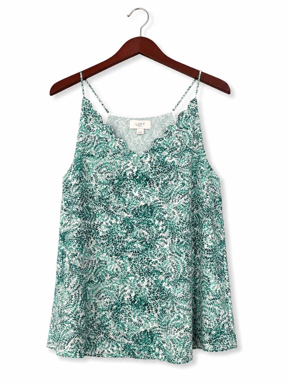 LOFT Green Floral Scalloped Neck Racerback Tank XL Flowy Double Layer Resort